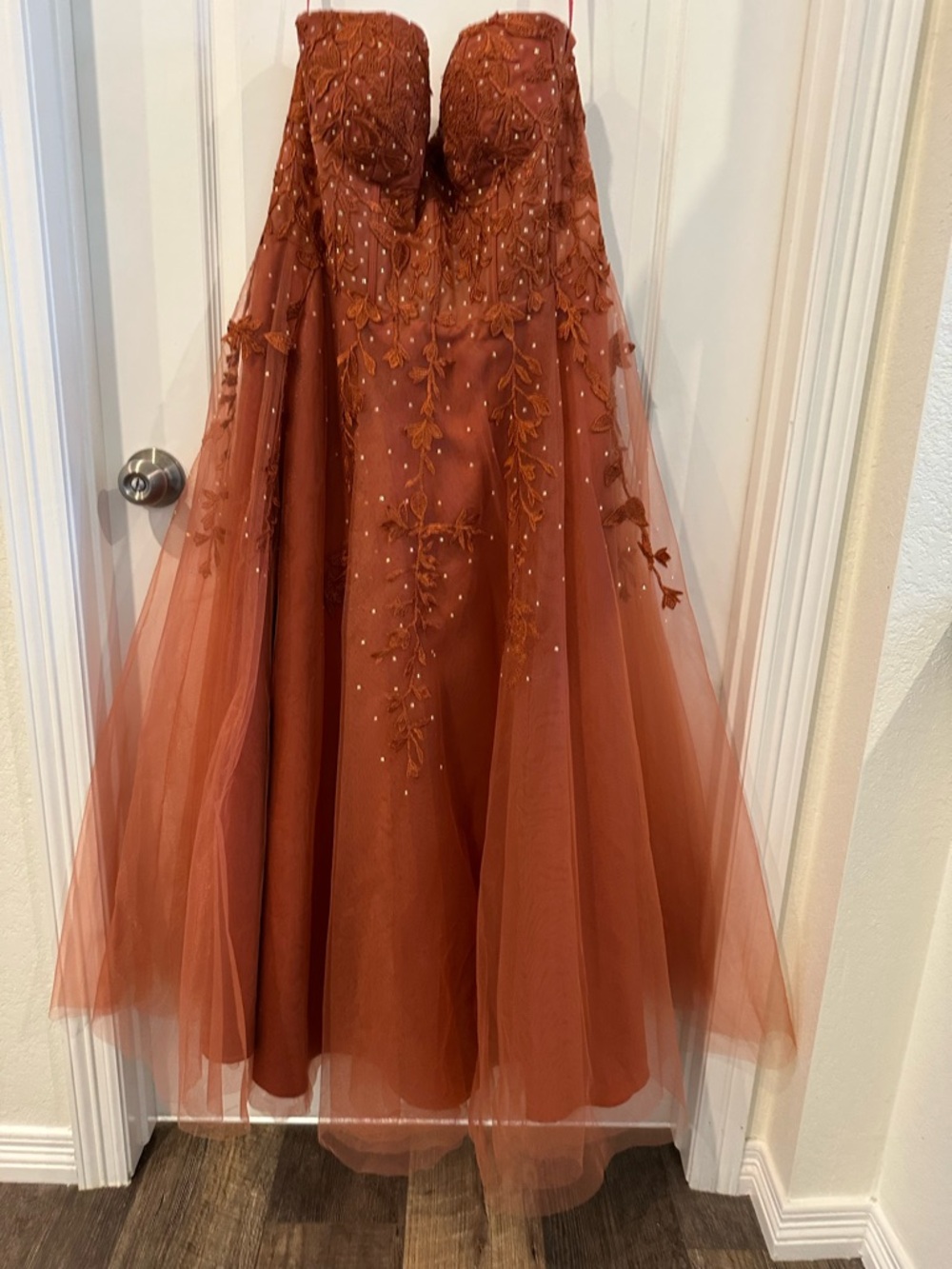 Strapless Sweetheart Lace Applique Evening Gown in Rust Brown - Picture 4 of 7